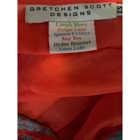 Gretchen Scott Designs silky 100% cotton tunic coral/blue ample fit XS Embroider - Picture 5 of 6